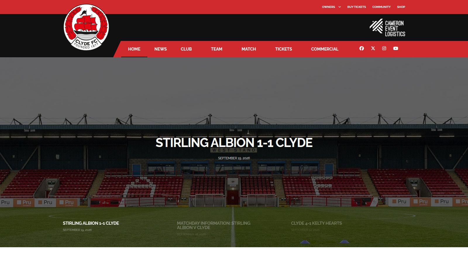 Screenshot of the Clyde Football Club website