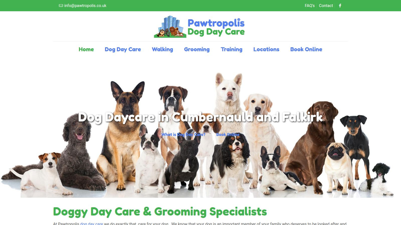 Screenshot of the Pawtropolis Doggy Day Care website