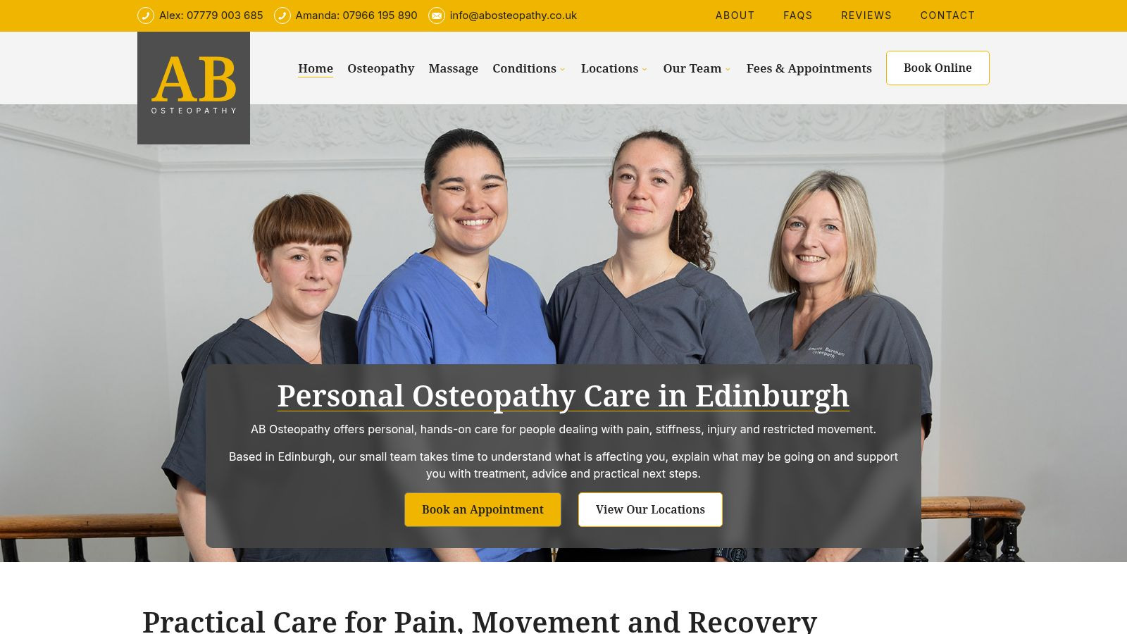 Screenshot of the AB Osteopathy website