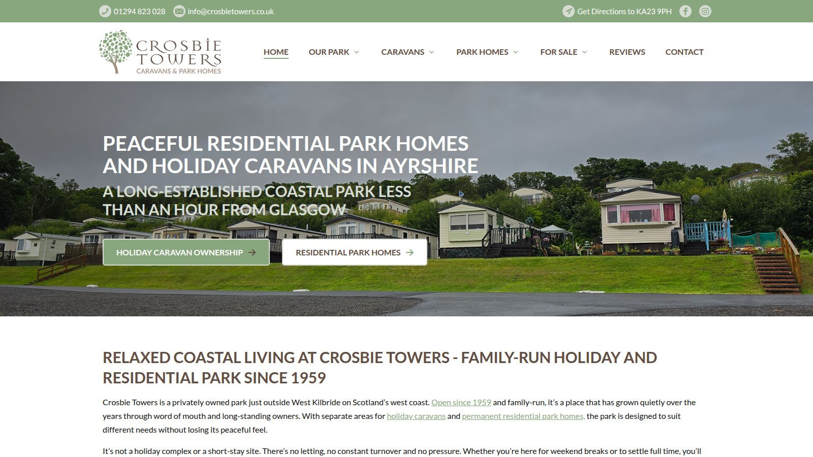 Screenshot of the Crosbie Towers Caravan Park website