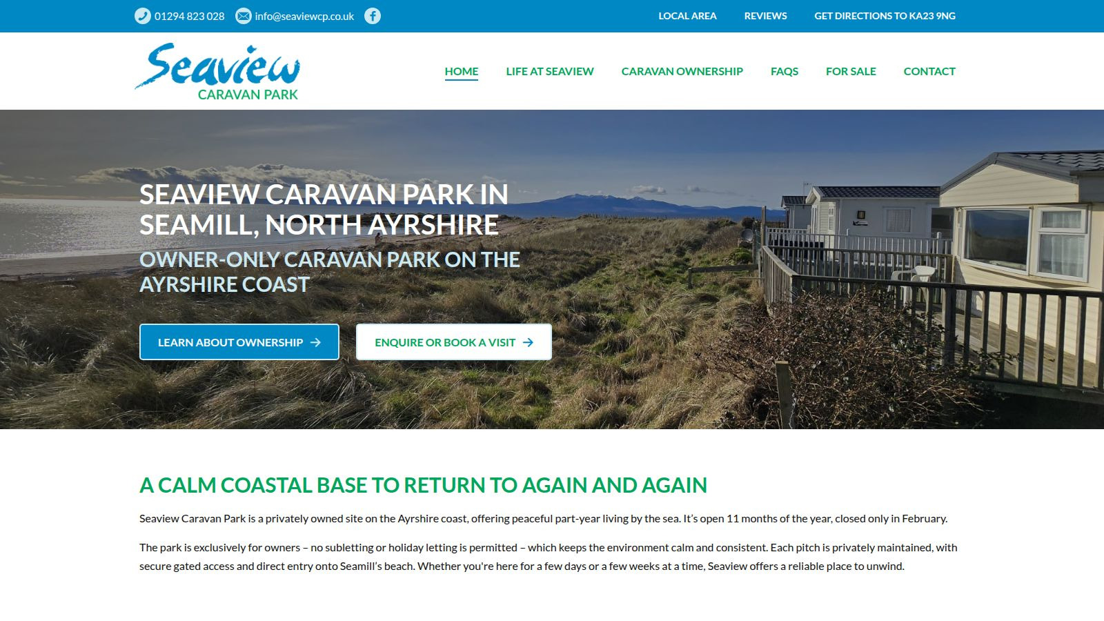 Screenshot of the Seaview Caravan Park website
