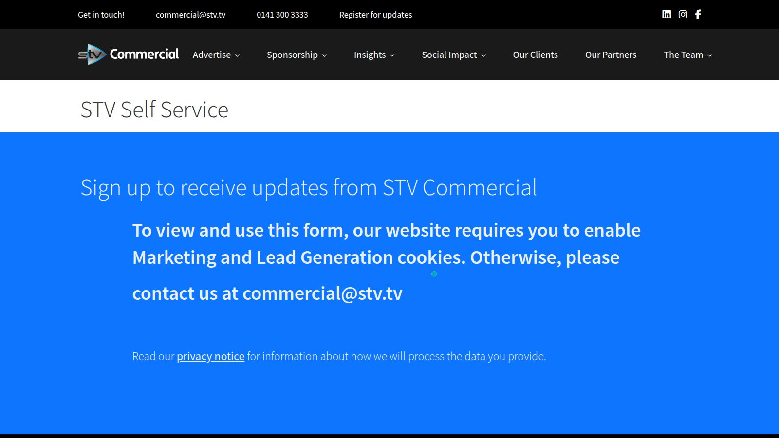 Screenshot of the STV Self Service website