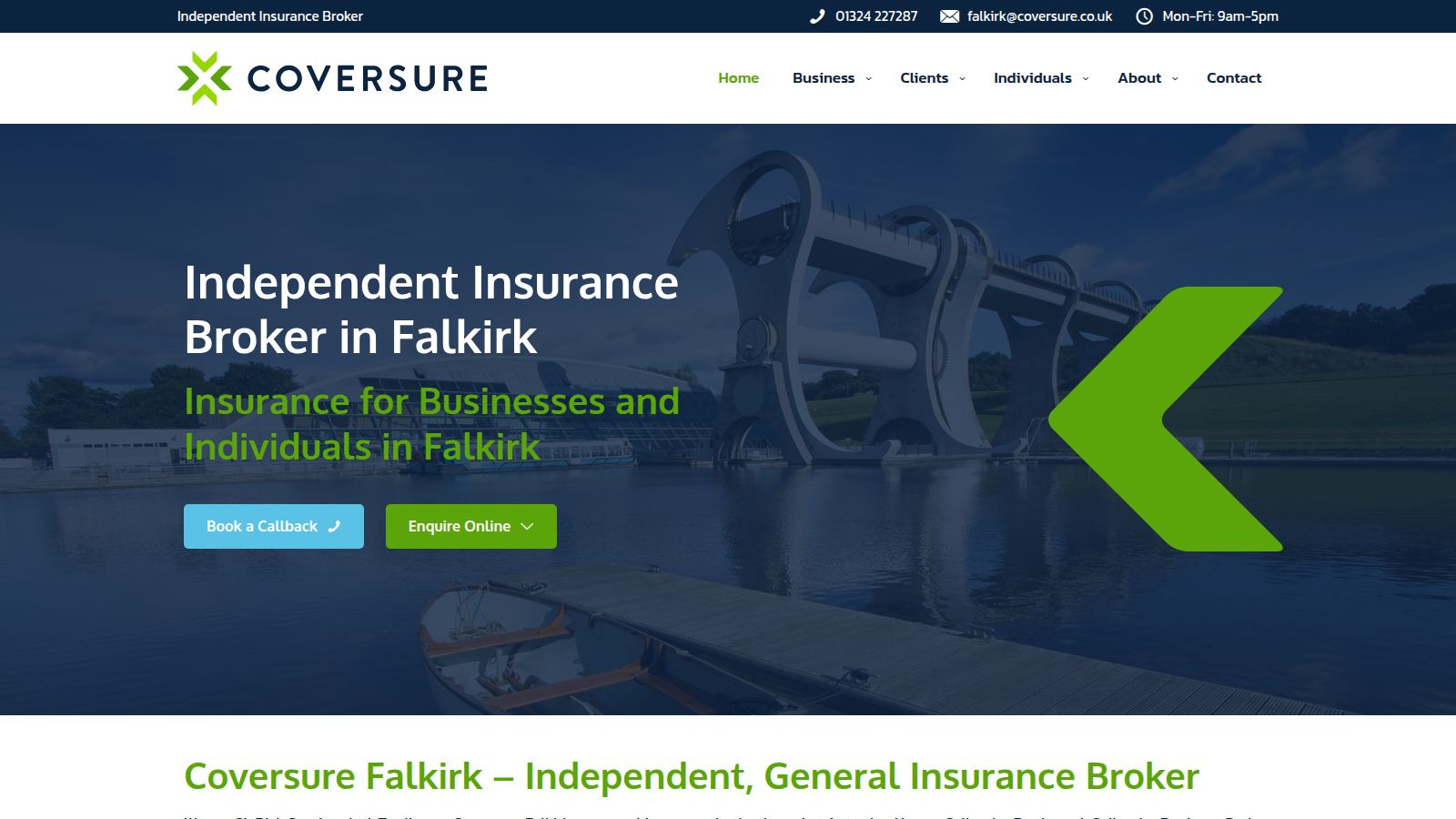 Screenshot of the Coversure Falkirk website