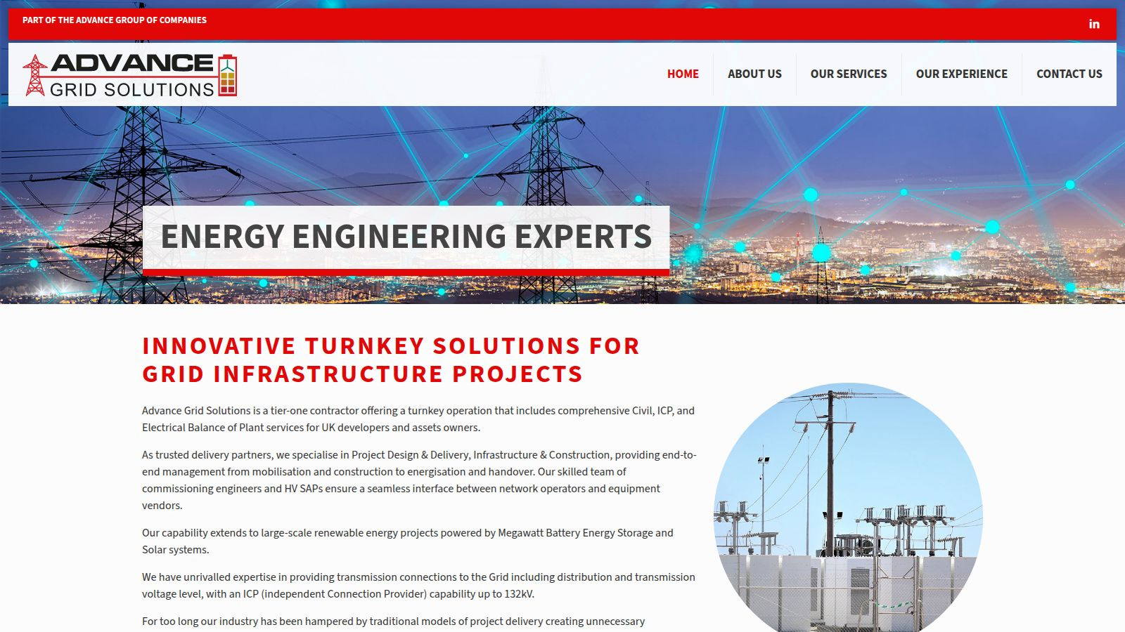 Screenshot of the Advance Grid Solutions website