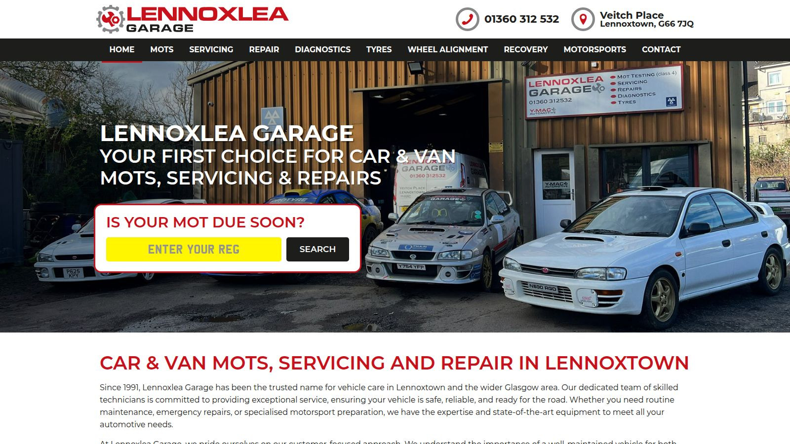Screenshot of the Lennoxlea Garage website
