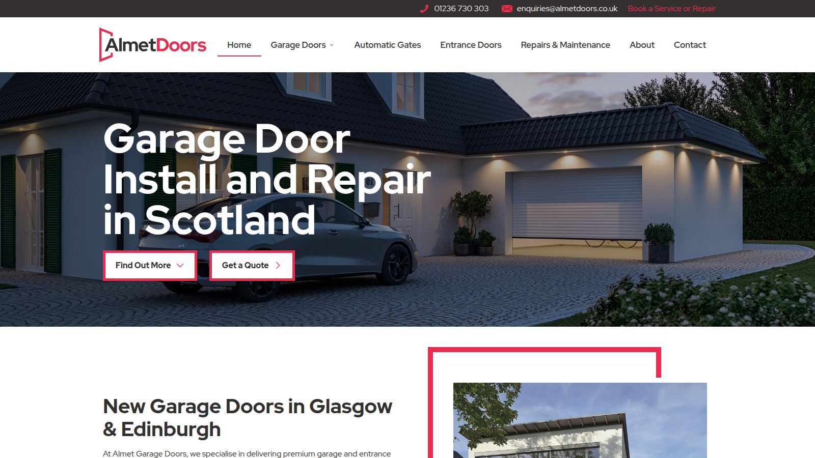 Screenshot of the Almet Garage Doors website