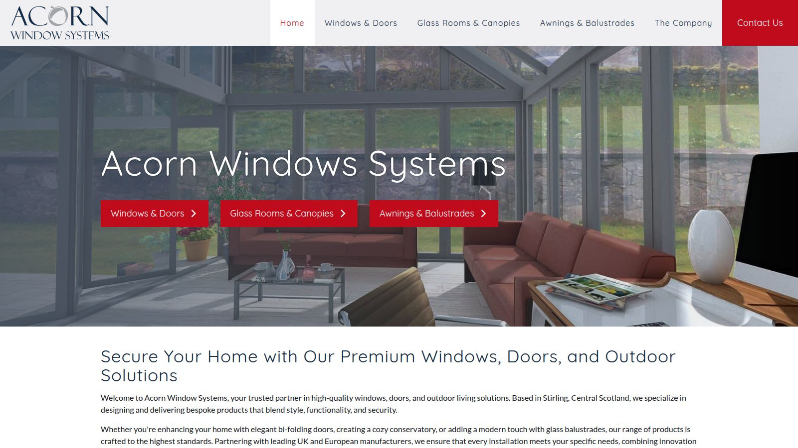 Screenshot of the Acorn Window Systems website